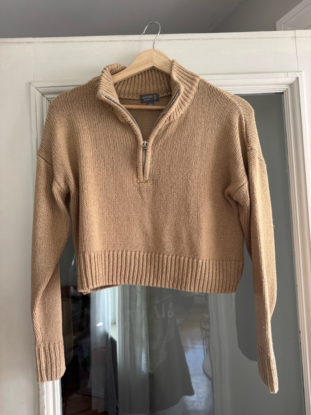 Cropped Half-Zip Women's Sweater in Camel, Size small.